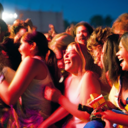 Description: A group of people standing in a crowd at a festival, smiling and laughing, with a stage and lights in the background.