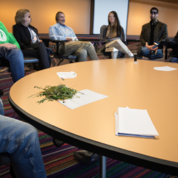 description: an anonymous image showing a group of individuals discussing medical marijuana legislation in a government setting.