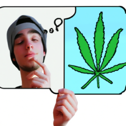 description: an abstract image of a young man holding a marijuana joint with a thought bubble above his head showing a distorted and confusing image.
