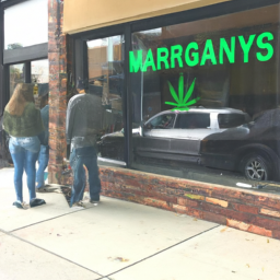 description: a photo of a storefront with a green and white sign that reads "marijuana dispensary" with a line of people waiting outside. the store has large windows and is located on a busy street with other shops and businesses around it.