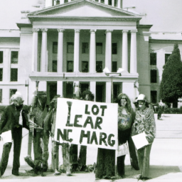 description: a group of people standing outside a state capitol building, holding signs that read "legalize marijuana" and "end the war on drugs."