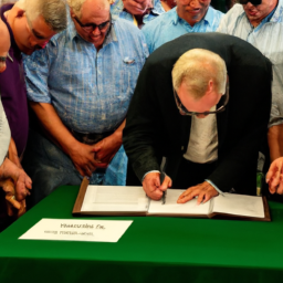 description: a photo of gov. tim walz signing a bill at a farm, surrounded by farmers and other officials.