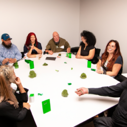 description: a diverse group of people gathered around a table, engaged in a discussion about cannabis. they are holding various cannabis products and appear to be in a professional setting. the image portrays a sense of collaboration and progress within the cannabis industry.
