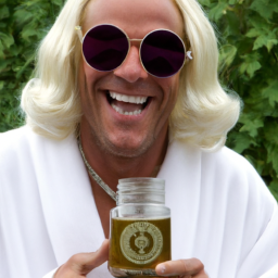 the image shows ric flair holding a jar of cannabis, with a big smile on his face. he is wearing his trademark robe and sunglasses, and he looks like he is having a good time. the background is blurry, but there is a plant in the corner, which emphasizes the product's natural origin.