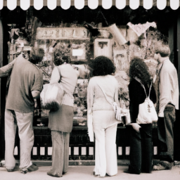 description: a group of people standing outside a dispensary, looking at the products on display through the window.