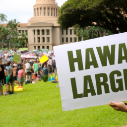 Description: A crowd of people outside the Hawaii State Capitol holding signs reading "Legalize Cannabis Now!" in support of the legalization of marijuana.