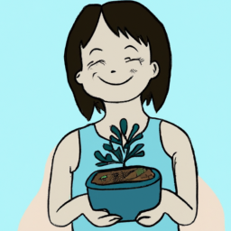 description: A person holding a small plant in a pot and smiling.