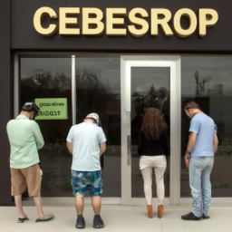 A group of people standing outside a closed cannabis dispensary with a sign reading "Closed for Receivership".