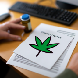 description: a person holding a medical marijuana card and a prescription bottle with a green leaf symbol on it. they are sitting at a desk with a computer and paperwork.