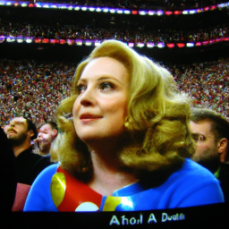 description: an anonymous image shows adele sitting in the audience at the super bowl, looking amused and engaged.