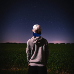 A person wearing a cap is standing in a field, looking up at the night sky.