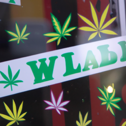 Description: A close up of a Weed World store window with colorful cannabis stickers on it.