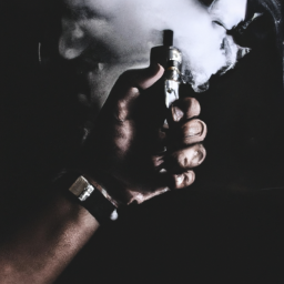description: An image of a person holding a vaping device in their hand, with a cloud of vapor coming out of their mouth.