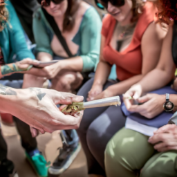 description: an image showing a group of people enjoying a social gathering outdoors, with a subtle reference to marijuana through the presence of a joint in one person's hand. the image captures a relaxed and joyful atmosphere.