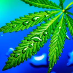 description: a vibrant image showcasing a cannabis leaf with droplets of water, symbolizing growth and the flourishing nature of the marijuana industry.