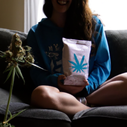 description: a person sitting on a couch with a small package in their lap, with a smile on their face and a cannabis plant in the background.