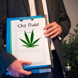 A person in a business suit holding a binder filled with different documents related to cannabis delivery.