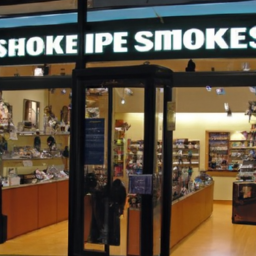 a smoke shop with glass cases containing various smoking accessories and products. the store is brightly lit and has a modern design, with a large sign above the entrance that reads "smoke shop." there are several customers browsing the selection of products, and two employees behind the counter assisting customers. the image conveys a sense of openness and accessibility, but also highlights the potential risks associated with smoke shops and the need for increased security measures.