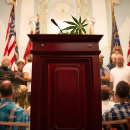 A group of people gathered around a podium, discussing and debating the legalization of medical marijuana in South Carolina.