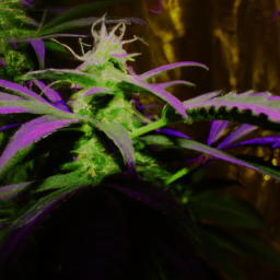 description: A close-up of a cannabis plant with green leaves and purple buds.