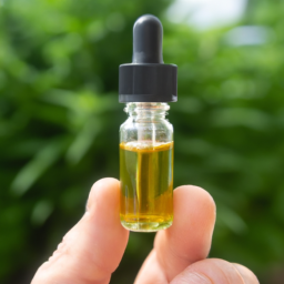A person holding a small bottle of medical marijuana oil with a dropper, against a blurred background of green leaves.