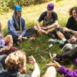 description: a group of people sitting in a circle, passing around a joint. they are sitting outside on a sunny day, surrounded by trees and grass. the group is diverse, with people of different ages, genders, and races. they all appear relaxed and happy, enjoying each other's company and the effects of the cannabis.