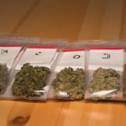 Description: A close-up of a variety of cannabis in pre-packaged eighths on a wooden table in a dispensary.