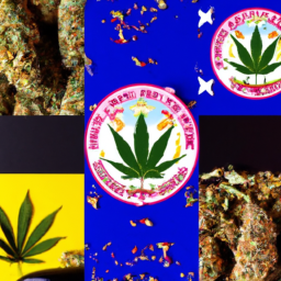 A collage of state flags on a cannabis background with a close-up of an ounce of marijuana in the center.
