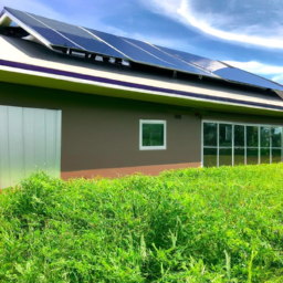 description: an image depicting a modern marijuana dispensary with a solar panel installation on its roof, surrounded by lush green fields.