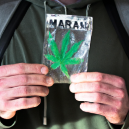 Description: A person holding a small bag of green, leafy substance with the word "marijuana" written on it in bold letters. The person's face is not visible.