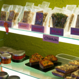 A variety of marijuana products, including edibles and cannabis flowers, displayed on a store shelf.