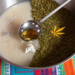 Description: A close up of a spoon stirring a pot of melted butter and cannabis flower over a stove. The pot is surrounded by ingredients and a cheesecloth for straining.