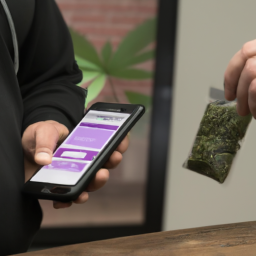 description: an anonymous image of a person using a mobile phone to make a payment for cannabis products.