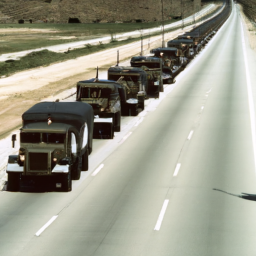 A photo of an U.S. Army convoy of vehicles, including Humvees and other tactical vehicles, being delivered by AM General.