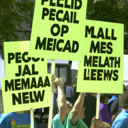 description: An image of a group of people holding signs advocating for the legalization of medical marijuana. The signs feature slogans such as "Patients deserve access to medical marijuana" and "Legalize medical marijuana now." The individuals in the image are not identifiable.