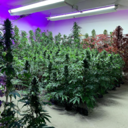 description: a photo of a grow room filled with healthy cannabis plants, basking in the glow of grow lights. the plants are tall and bushy, with thick stems and large leaves. the room is clean and well-organized, with fans and other equipment visible in the background. the overall impression is one of health, vitality, and abundance.