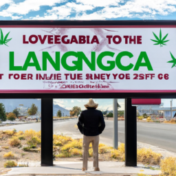A person standing in front of a billboard in Nevada that reads "Cannabis Legalization: The Long Game".