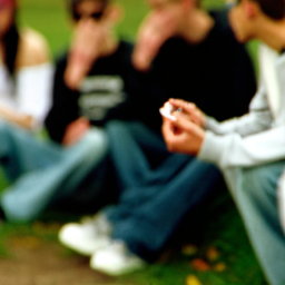 description: a photo of a group of teenagers smoking weed in a park, with their faces blurred out for anonymity.