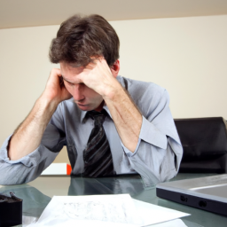 description: a man sitting at a desk with his hands on his face, looking tired and stressed.