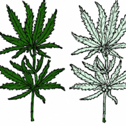 description: an image of two cannabis plants, one with broad leaves and a shorter stature, and the other with narrow leaves and a taller stature, representing the physical differences between indica and sativa strains.