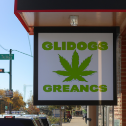 description: a photo of a cannabis dispensary with a sign outside advertising their products.