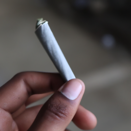 description: a person holding a rolled marijuana joint with a blurred background.