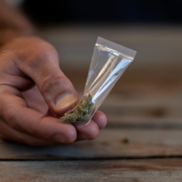 description: an image of a person holding a small bag of marijuana with a rolled-up joint next to it, placed on a wooden table with a blurred background.