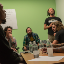 description: A diverse group of people discussing the various aspects of cannabis use, including its effects on physical and mental health, as well as its legal status and social implications.