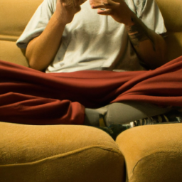 Description: An anonymous person sitting on a couch, holding a joint, and blowing smoke towards the camera.