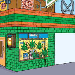 description: an anonymous image shows a pot shop with a colorful storefront and a security camera mounted on the exterior wall. the shop's windows are decorated with cannabis-themed posters and advertisements. several customers can be seen entering and exiting the shop, while a security guard stands near the entrance, monitoring the surroundings.