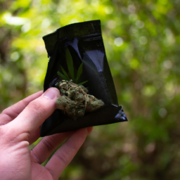 description: an anonymous image depicting a person holding a small bag of marijuana in their hand, with a blurred background of green plants. the image conveys the concept of marijuana possession and the connection to nature.
