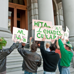 a group of protesters holding signs advocating for the legalization of marijuana. they are standing in front of a government building and appear to be engaged in a peaceful demonstration.