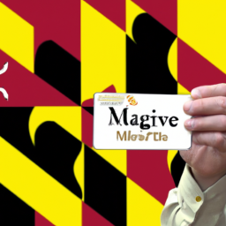 Description: A man holding a medical marijuana card in his hand, with the Maryland state flag in the background.