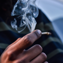 description: an anonymous image showing a person holding a burning joint, with smoke billowing out. the person's face is not visible, maintaining anonymity while symbolizing the act of smoking weed.